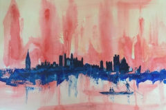 Abstract Watercolour of Cambridge  as a Cityscape and punter - by Lorna Markillie