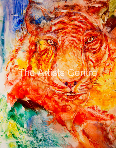 Abstract tiger in watercolour on yupo paper  Lorna Markillie. Prints available