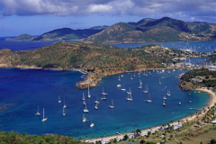 View over the moored boats anchored in English and Falmouth Harbours from Shirley Heights on Antigua Caribbean